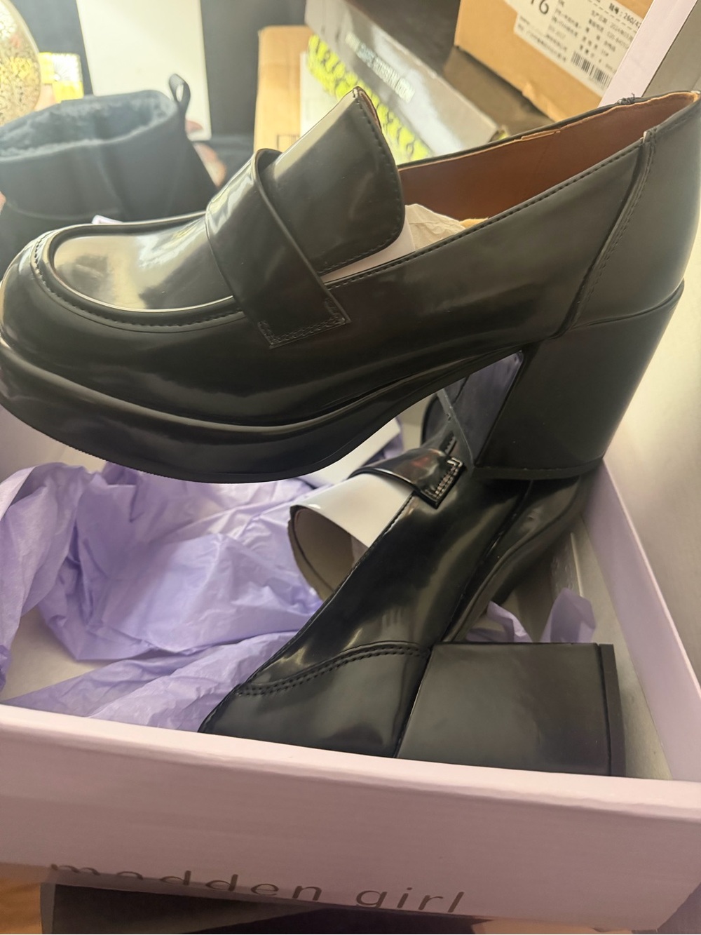 Madden Girl Black Patent Platform Loafers with Block Heel